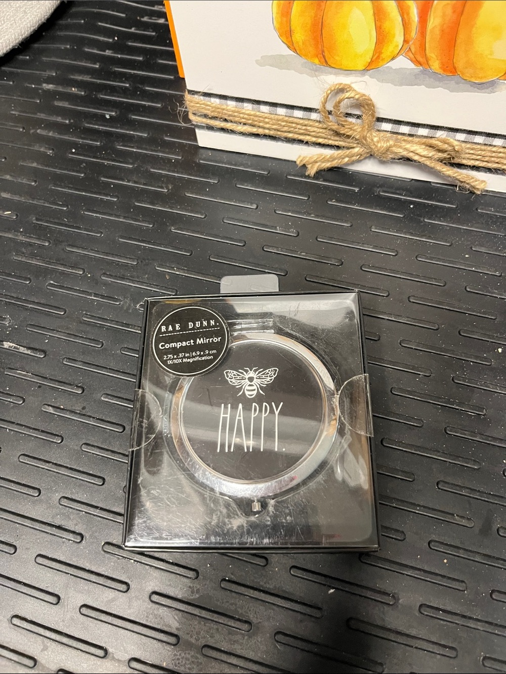 Rae Dunn Silver Compact Mirror with Black 'HAPPY' Bee Design